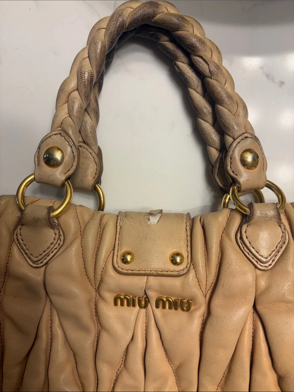 Miu Miu Matelassé Women’s Quilted Braided Handle Shoulder Bag in Taupe